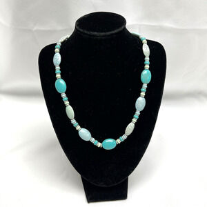 Turquoise Like Beaded Necklace Southwest Style Oval Beads Silver Tone Spacers
